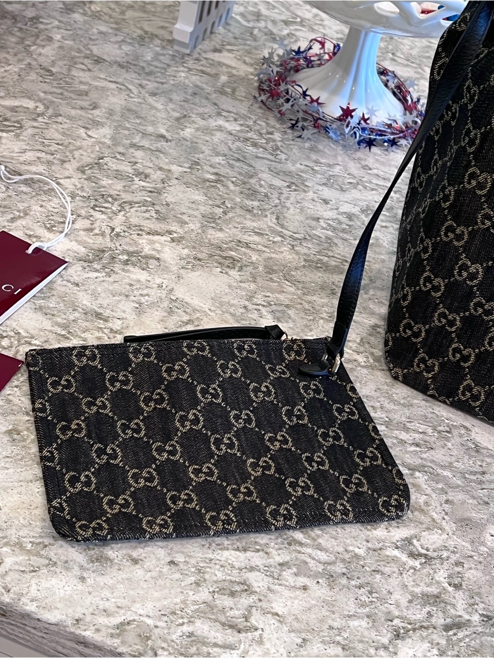 Gucci Black GG Canvas Tote with Red & Green Stripe - Picture 2 of 7